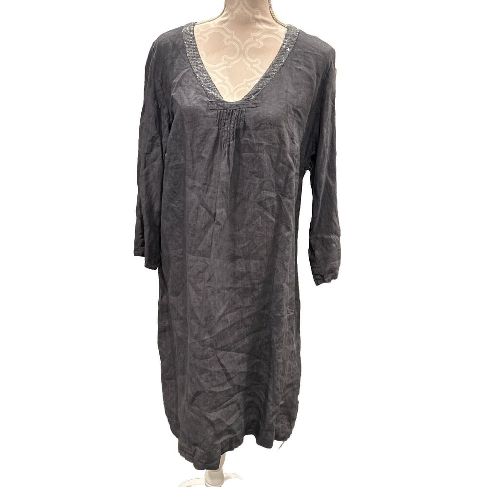 Cut Loose Gray Sequin V-Neck 100% Linen Dress Womens Size Small Lagenlook